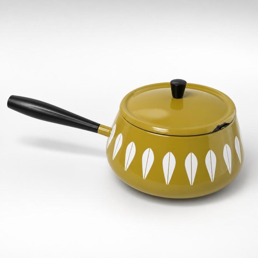 Vintage MCM Cathrineholm Avocado Green Enamel Lotus Design Fondue Pot